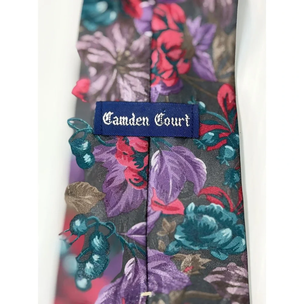 VTG Camden Court Necktie Floral Purple Pink Gray Polyester Retro‎ Formal Men OS